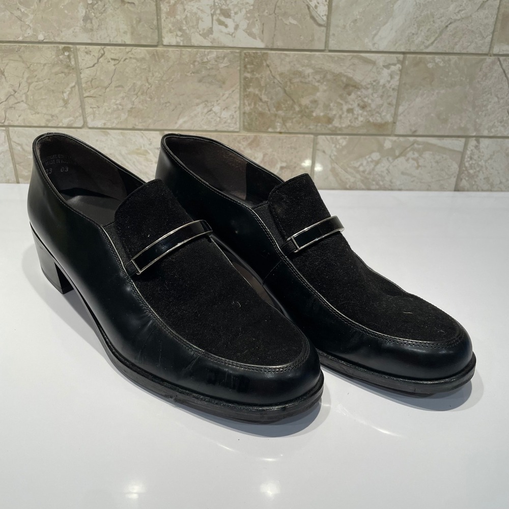 Paul Green Munchen Black Leather Suede Metal Bar Block Heel Loafers Size 8.5 US